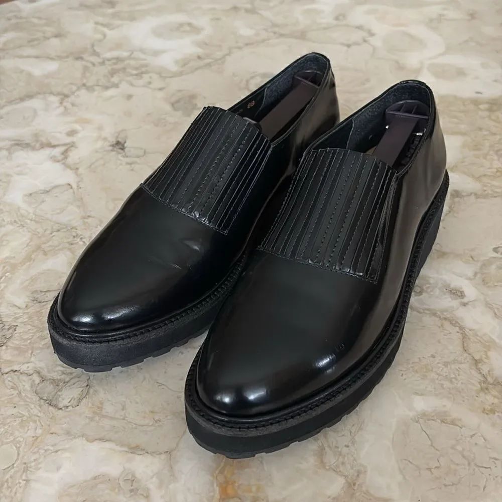 Loeffler Randall Black Leather Wedge Lug Sole Loafers Oxford Shoes